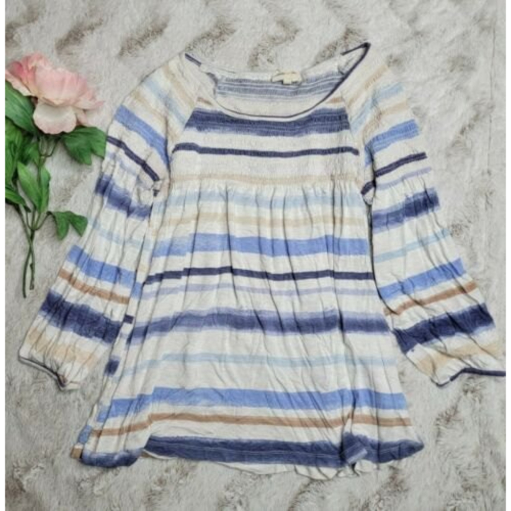 Anthropologie Meadow Rue Blue Horizontal Stripe Wide Collar Blouse Size M